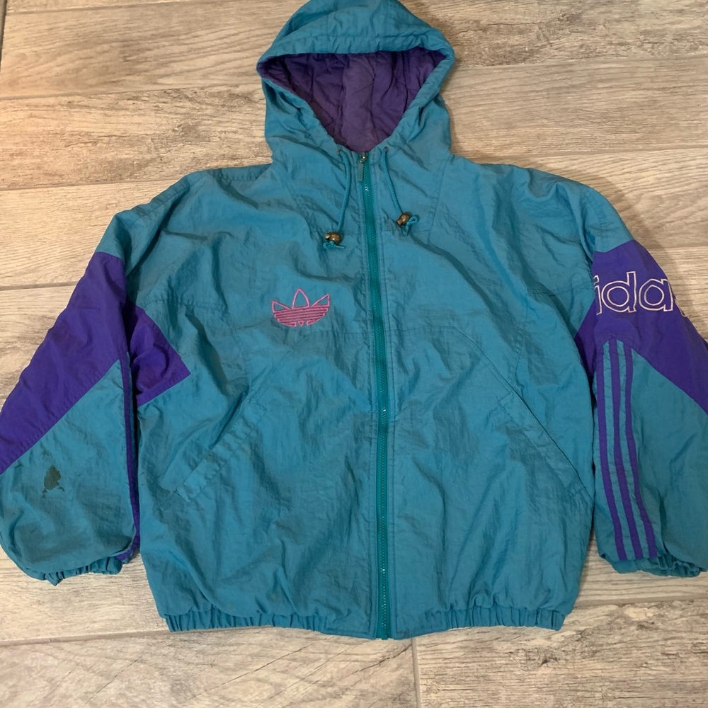 Vintage 90s Adidas Jacket Mens Puffer Quilted Lined ColorBlock Teal Purple SizeM